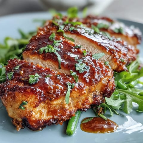 Juicy chicken breasts glazed in tangy honey-mustard sauce, served with crisp green beans for a bright, balanced dinner.