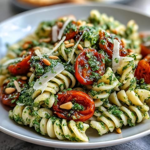 Summer pasta salad with pesto and cherry tomatoes, bursting with fresh basil, juicy tomatoes, and al dente pasta, perfect for picnics or light lunches.