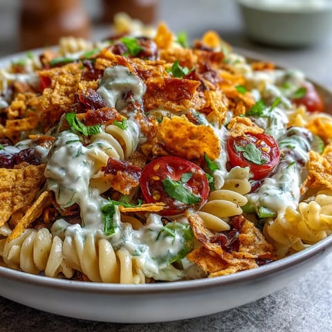 Creamy avocado ranch pasta salad with taco flavors, Doritos crunch, and fresh vegetables in a vibrant Tex-Mex dish.