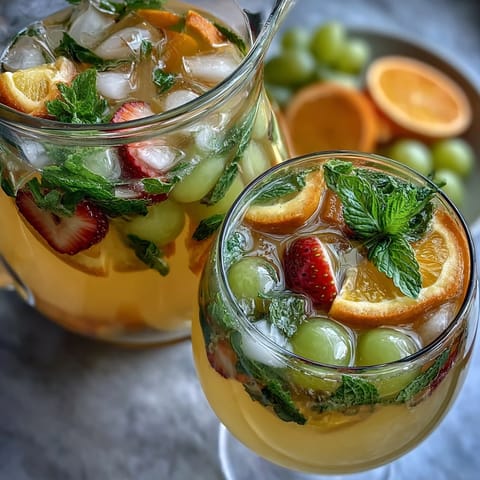 A vibrant Spring Sangria Mocktail with white grape juice, citrus slices, and fresh mint in a glass pitcher.