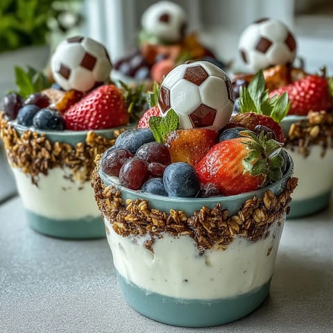 Soccer Team Snack Cups with Fruit and Granola in clear cups topped with soccer ball decorations