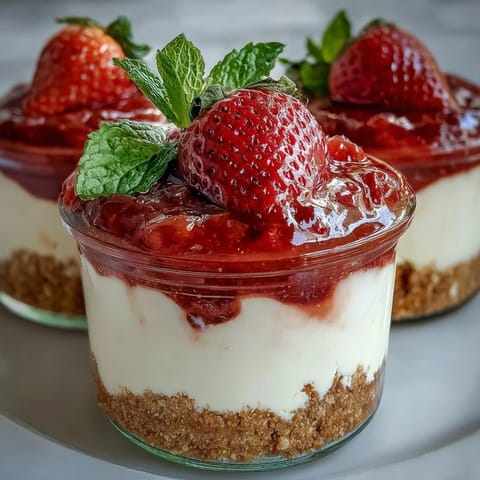 1. Creamy no-bake strawberry cheesecake jars with a buttery graham cracker base and fresh strawberry compote, perfect for spring gatherings.