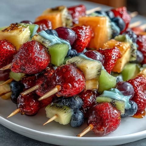 Colorful rainbow fruit skewers featuring strawberries, pineapple, kiwi, blueberries, and grapes served with a creamy honey-yogurt dip.  