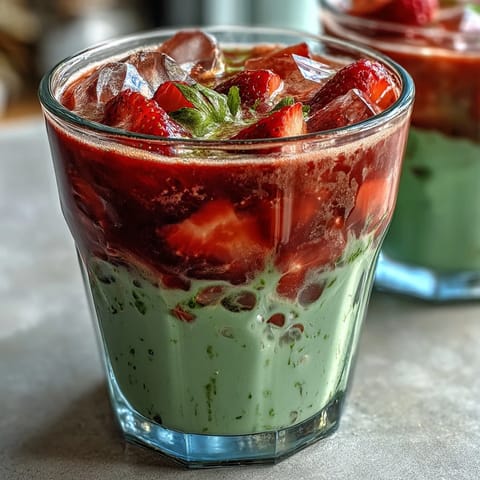 Vibrant strawberry matcha latte with oat milk, showcasing beautiful pink and green layers in a tall glass.