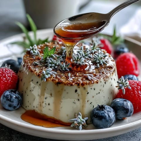 Silky honey lavender panna cotta with a delicate floral aroma, topped with fresh berries and edible flowers.