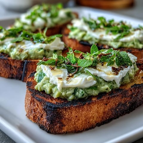 Vibrant fava bean and mint bruschetta artfully arranged on grilled sourdough.