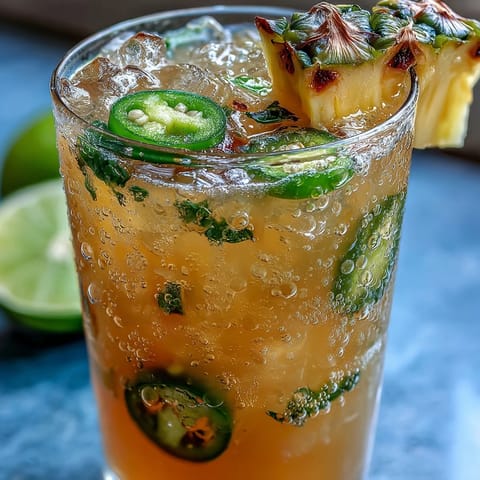 Vibrant Pineapple Jalapeño Agua Fresca garnished with fruit slices, perfect for summer.
