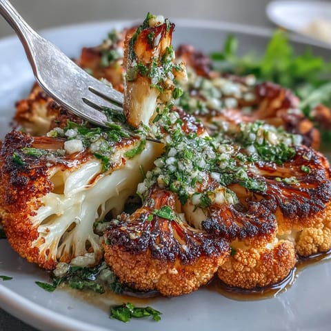 Smoky BBQ Cauliflower Steaks topped with fresh chimichurri sauce glistening.