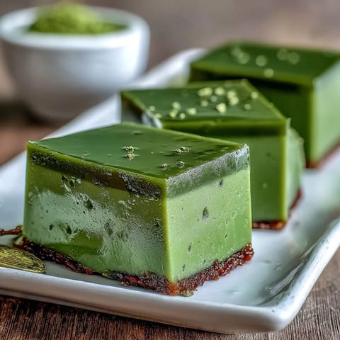 Yokan Japanese Red Bean Jelly with Matcha Layer, a vibrant dessert, perfectly sliced.