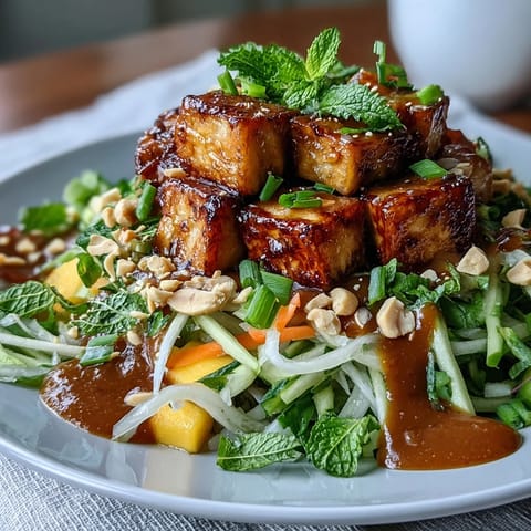 Vibrant Thai Mango Salad with crispy tofu, bursting with fresh flavors.