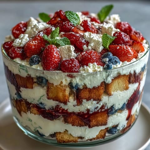 Red White Blue Berry Trifle featuring layers of fluffy cake, fresh berries, and whipped cream.