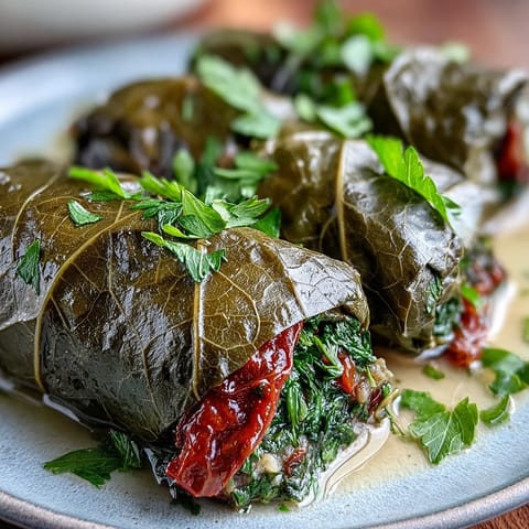 Tender Kurdish Dolma, stuffed grape leaves glistening with herbed rice, served warm.