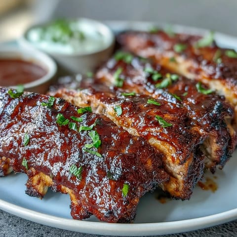 Smoky Father's Day BBQ Rib Board with three sauces, glistening and ready to serve.
