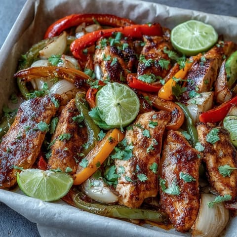 Sheet pan chicken fajitas with colorful peppers, ready for stuffing into warm tortillas.
