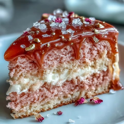 Decadent Rosé Velvet Cake featuring a beautiful shimmering gold drip, ready for celebration.
