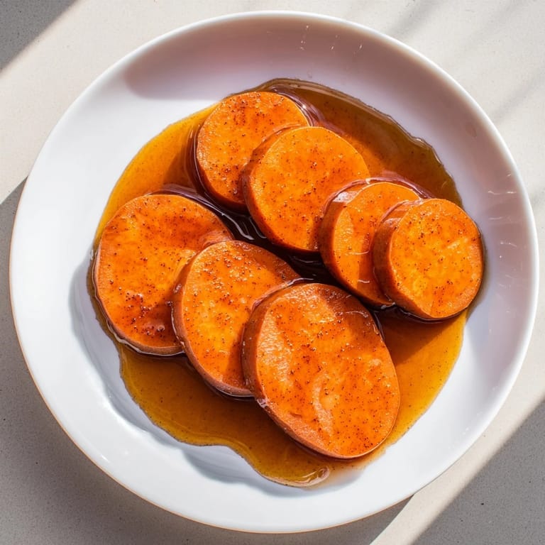 A serving of homemade candied yams, a classic, comforting side dish with a rich, buttery flavor.