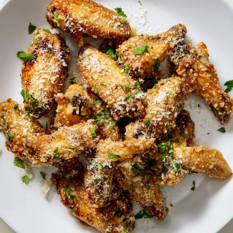 Fragrant, glistening Garlic Parmesan Wings, tossed in garlic butter, sprinkled with fresh parsley.