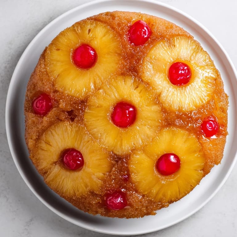 Moist and tender Pineapple Upside-Down Cake, inverted from the pan, showing caramelized pineapple rings.