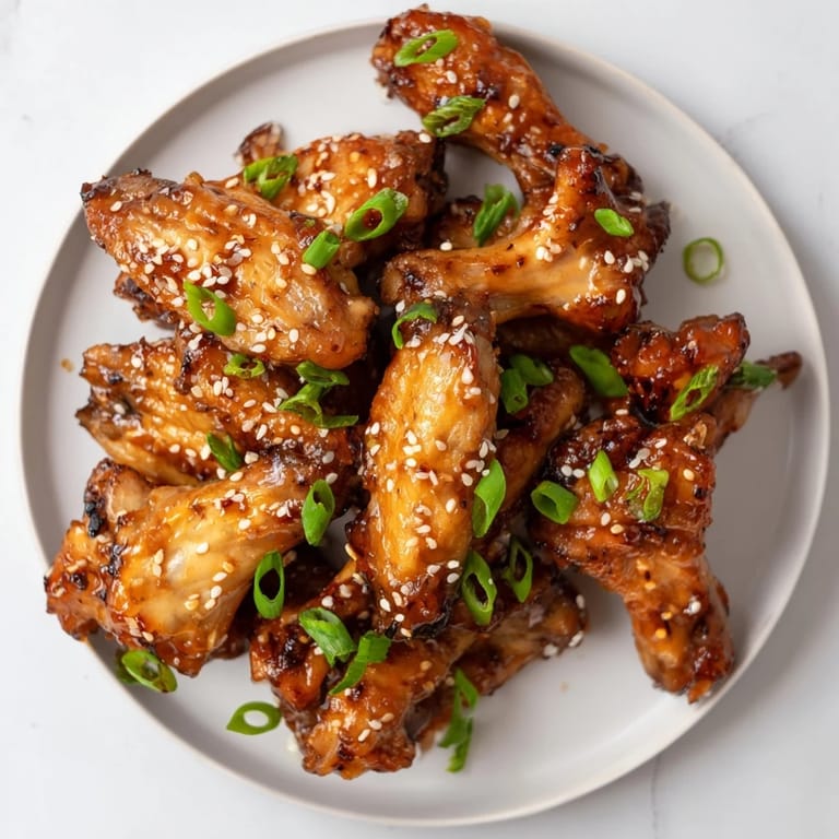 Plated portion of Asian Sticky Wings; savory, caramelized chicken wings perfect as an appetizer or party food.