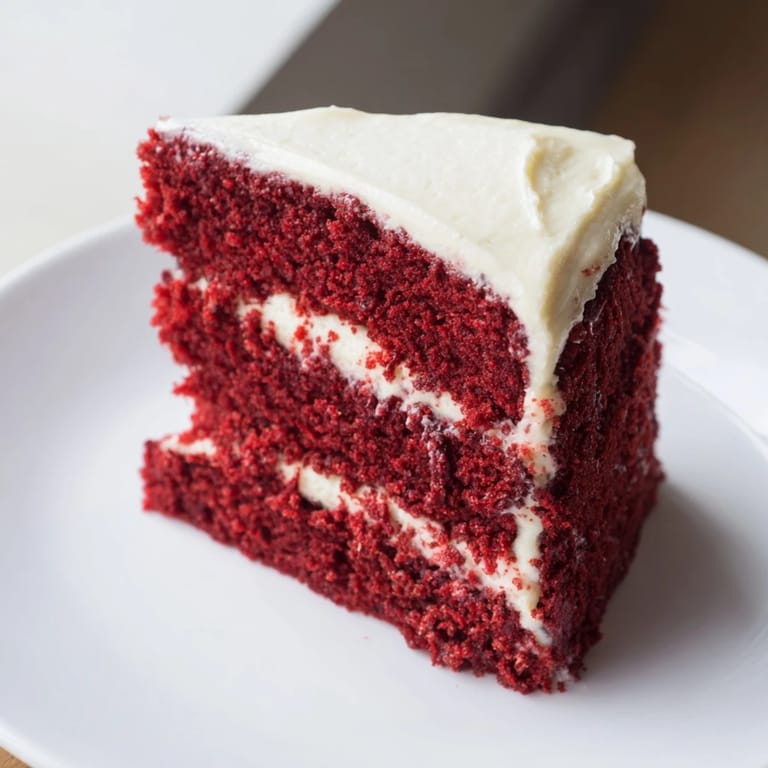 A close-up of a decadent red velvet cake slice, showing its moist texture and frosting swirl.