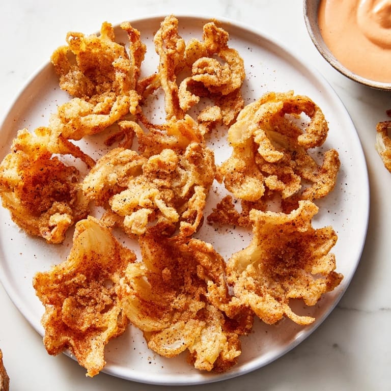 Hot, freshly cooked Onion Petals with a delightful, zesty dipping sauce for a tasty snack.