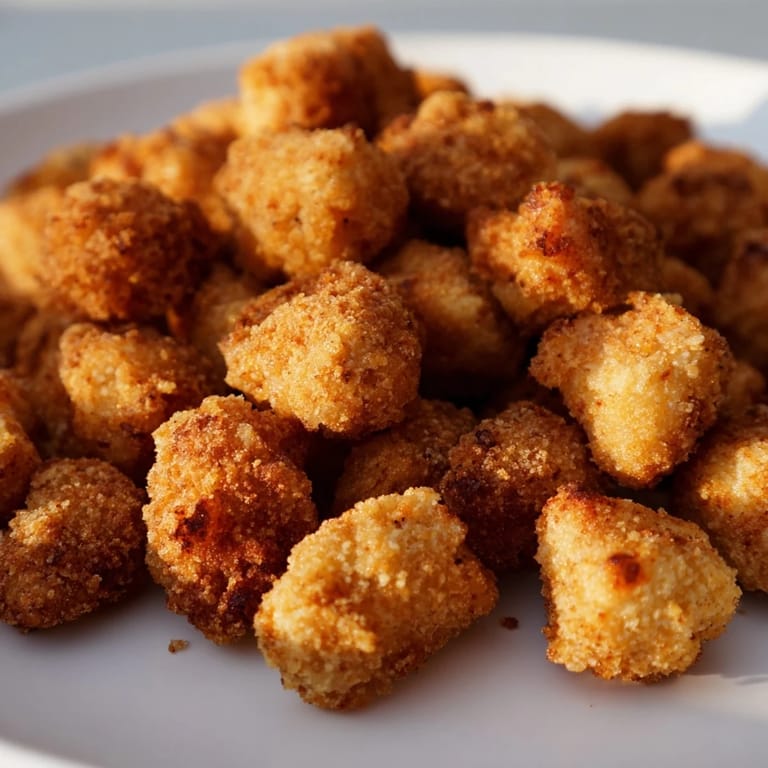 Close-up of crispy, golden brown popcorn chicken with dipping sauces, perfect for sharing and snacking.