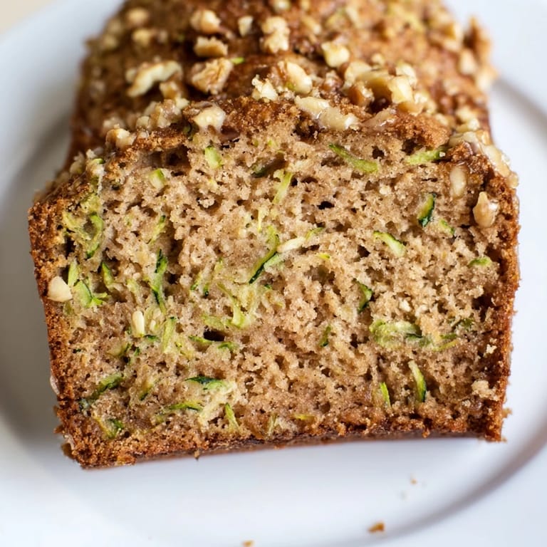 Homemade zucchini bread, still warm, studded with crunchy walnuts, perfect for breakfast.