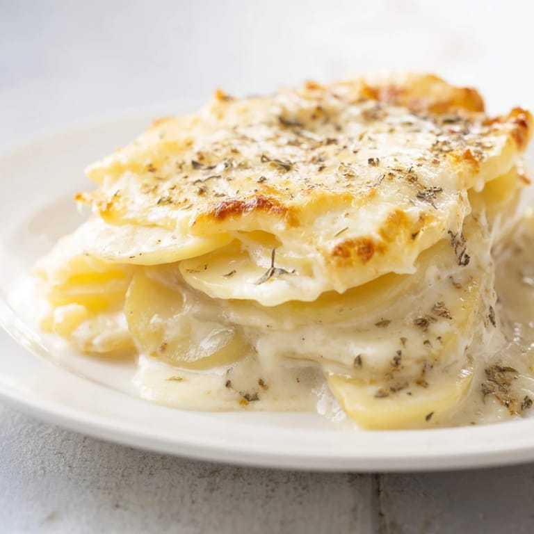 Freshly baked au gratin potatoes, a classic with layers of cheese and creamy sauce.