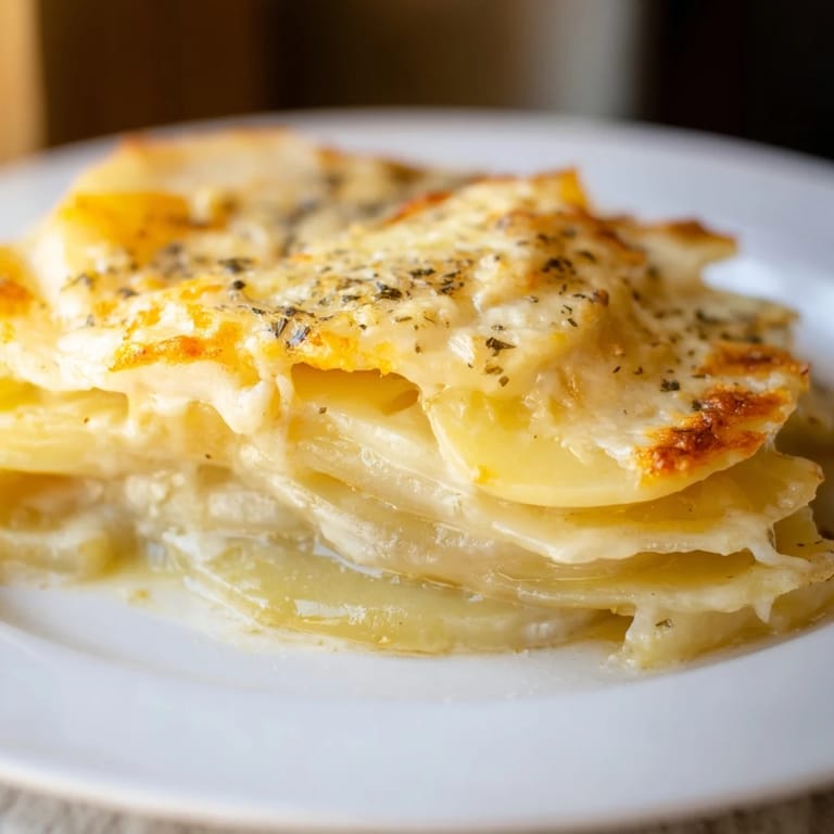 Bubbling cheese and tender potatoes form a comforting, flavorful baked au gratin dish.