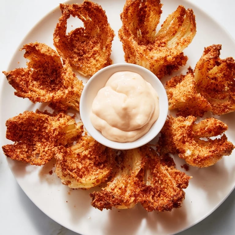 See the huge, crispy Blooming Onion, showing a perfect blossom shape, ready to eat with sauce.