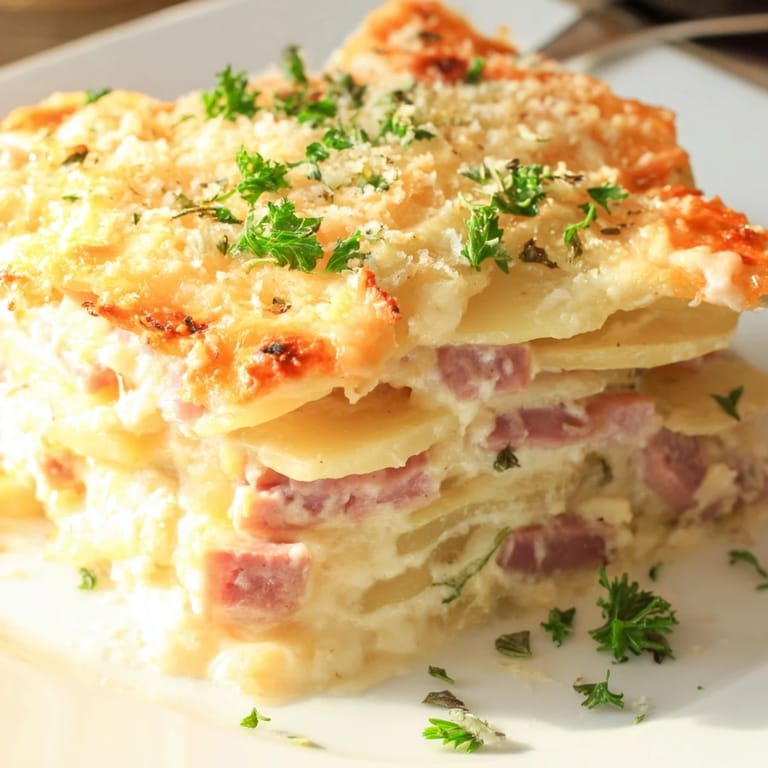 Hearty Scalloped Potatoes with Ham: a cheesy, baked dish perfect for a family-style meal.