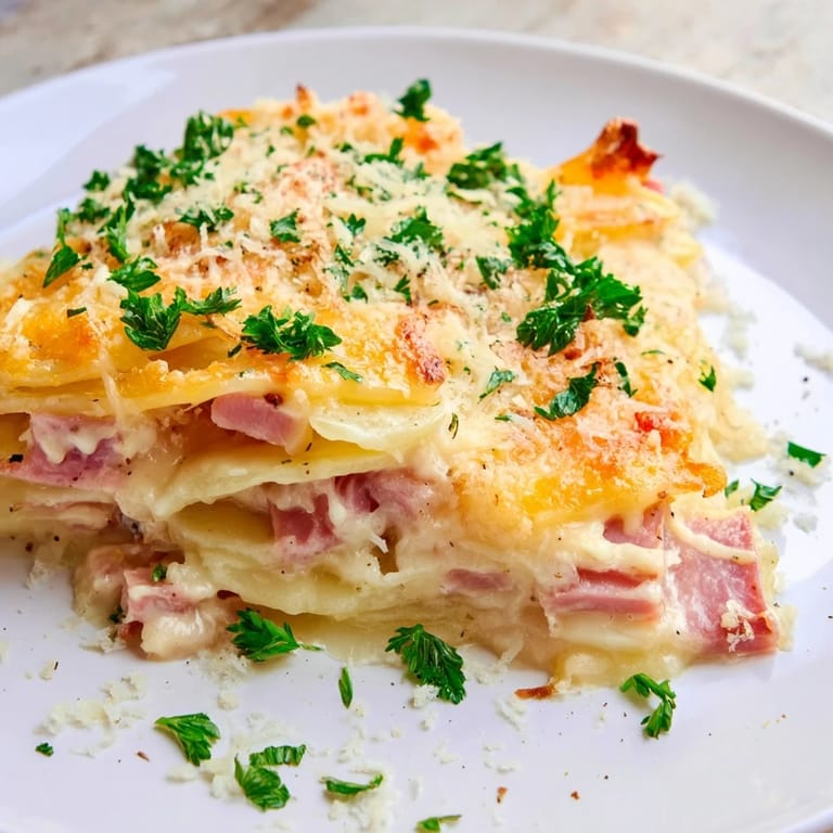 Creamy, layered Scalloped Potatoes with Ham, showcasing tender potatoes and savory baked ham.