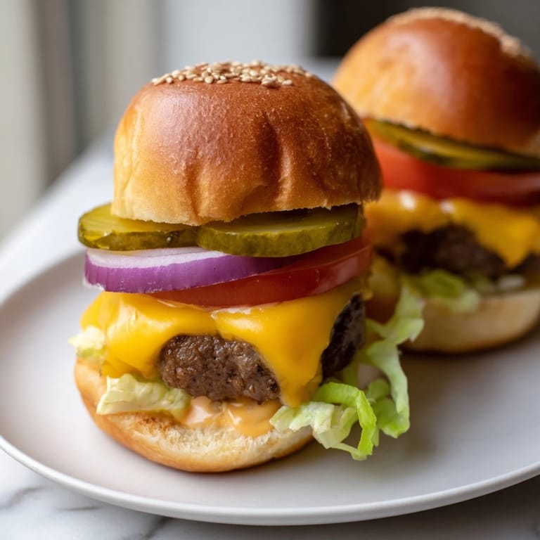 Golden-brown mini hamburger sliders, stacked with pickles and special sauce, ready to eat.