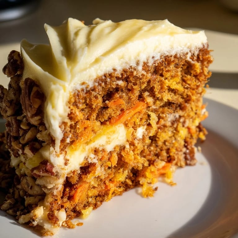 Freshly baked carrot cake, topped with a rich cream cheese frosting and chopped pecans.
