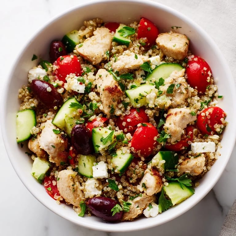 Vibrant, healthy Mediterranean Chicken Bowl served in a rustic white dish, showcasing seasoned chicken, quinoa, cucumbers, tomatoes, and feta cheese for a fresh meal.