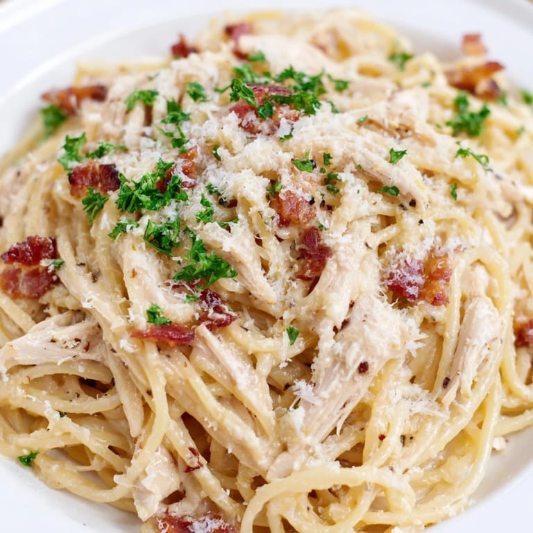 Golden-brown Chicken Carbonara served in a shallow pasta bowl, garnished with fresh parsley and extra Parmesan cheese. 
