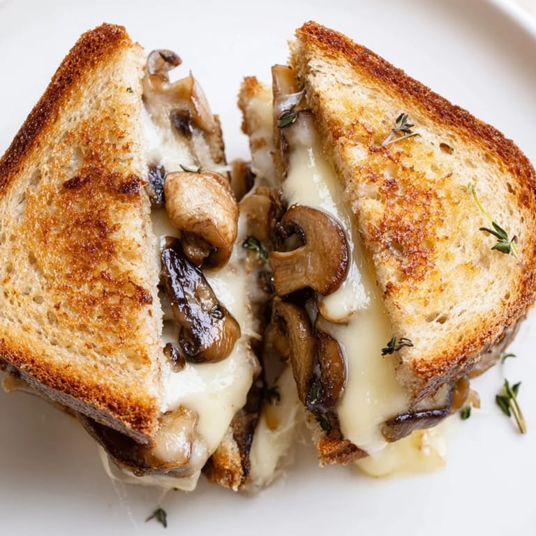 A freshly grilled Mushroom Swiss Grilled Cheese sandwich rests on a wooden board, ready to be dipped into a bowl of tomato soup.