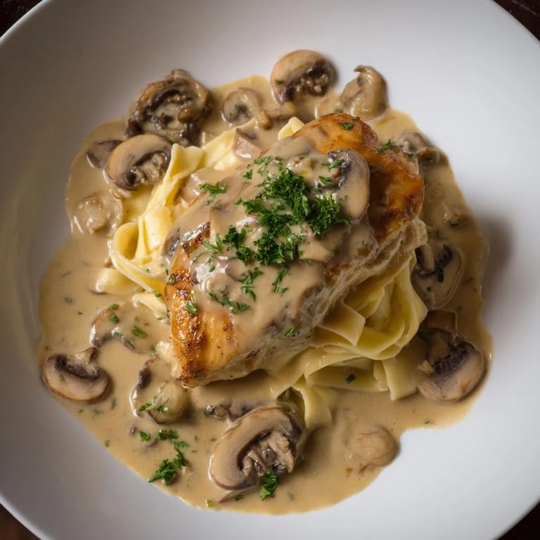 Serving Creamy Chicken Marsala with wine reduction, mushrooms, and grated Parmesan over linguine on a rustic wooden table.