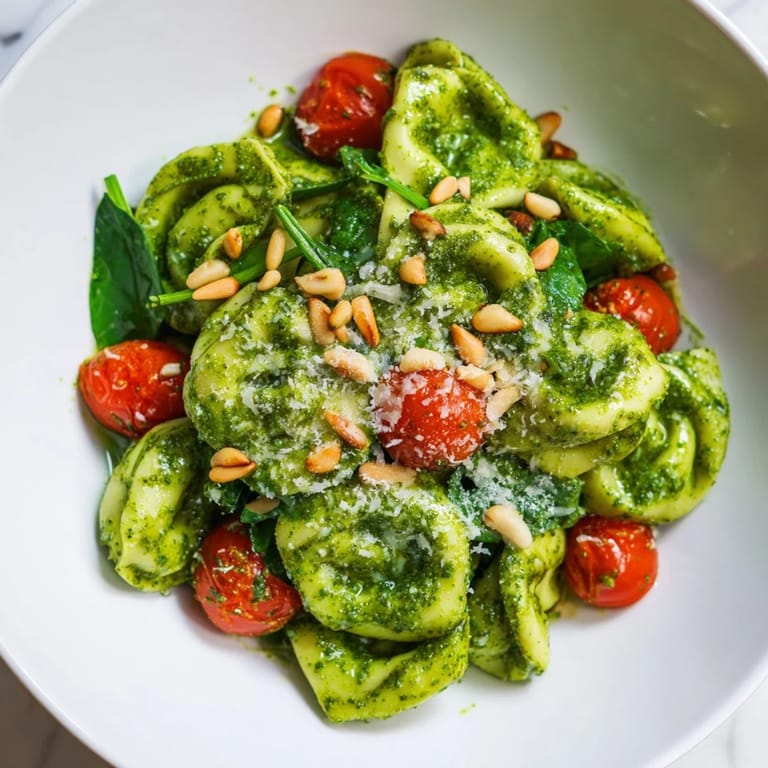 Serving suggestion: chilled Pesto Tortellini Salad garnished with toasted pine nuts and Parmesan, perfect for summer picnics.