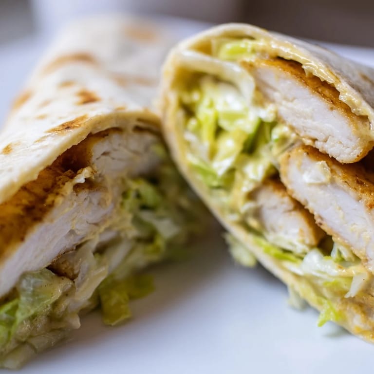 Fresh Honey Mustard Chicken Wrap sliced in half, revealing juicy chicken, crunchy lettuce, and drizzled sauce inside a golden tortilla.