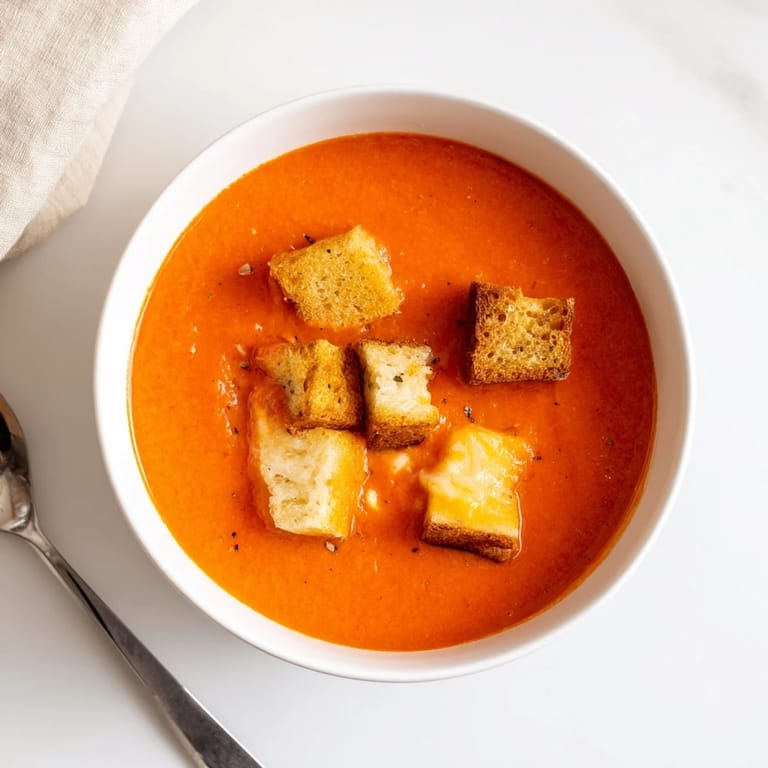 Velvety roasted tomato soup with golden, buttery grilled cheese croutons adding a crunchy bite.