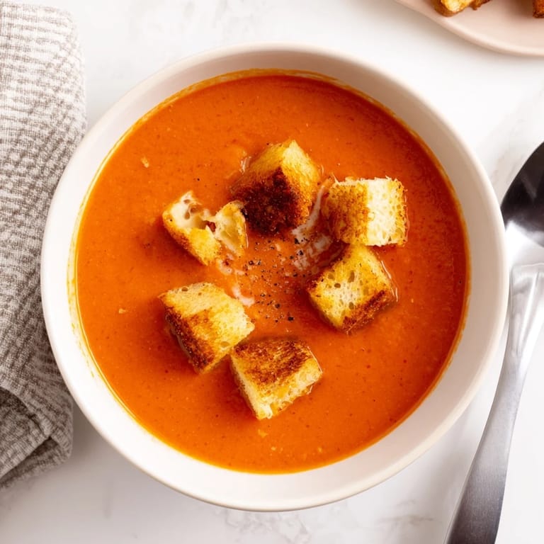 Warm roasted tomato soup with grilled cheese croutons, perfect for cozy family dinners.
