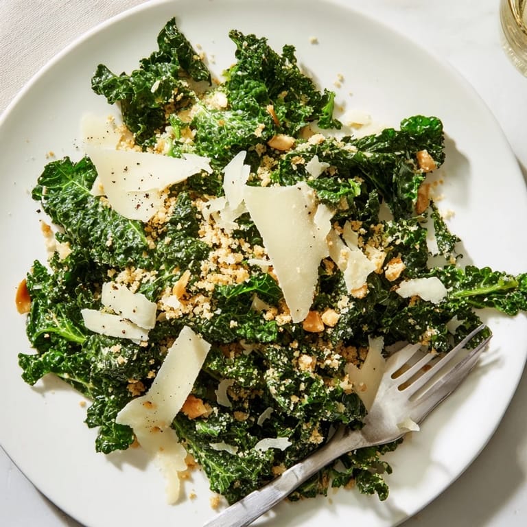 Garlic Parmesan Kale Salad presented in a white bowl, showing tender kale leaves, rich dressing, and crunchy panko topping.