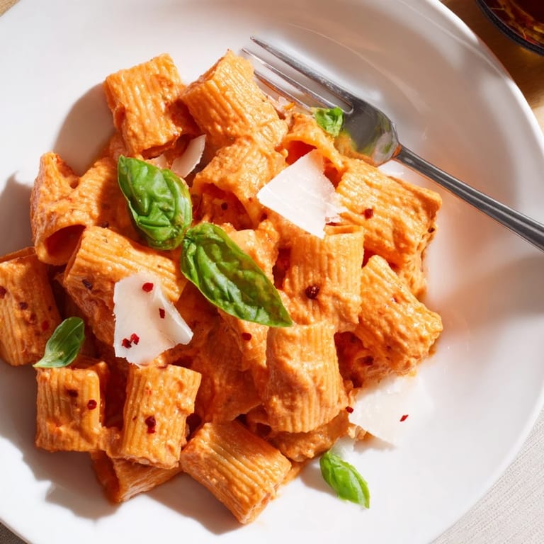 A close-up view of spicy rigatoni pasta reveals creamy tomato sauce clinging to the ridges of each noodle, with a sprinkle of red pepper flakes.