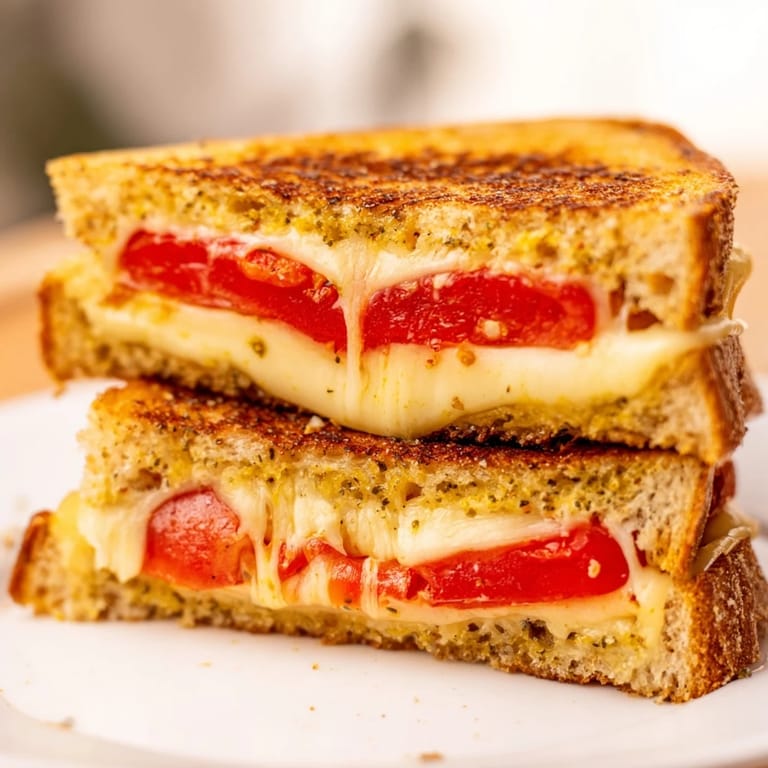 A perfectly grilled Pepper Jack & Tomato Grilled Cheese sandwich is sliced in half, revealing the gooey cheese and vibrant tomato filling.