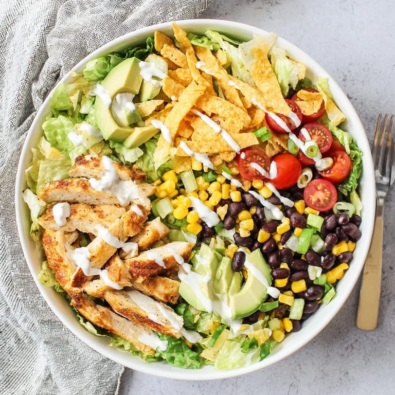 This easy Crunchy Taco Chicken Salad features colorful Tex-Mex ingredients, including shredded cheese and green onions, served in a bowl for a satisfying, gluten-free main dish meal.