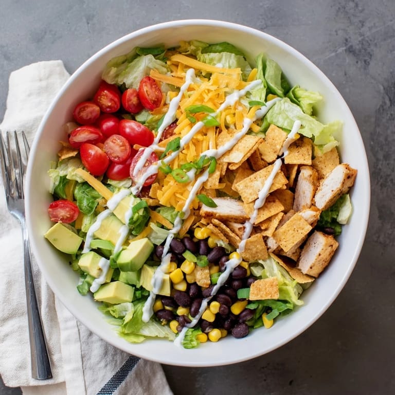 Freshly prepared Crunchy Taco Chicken Salad shows tender chicken slices, cherry tomatoes, and crunchy taco shell pieces tossed with a zesty dressing, ready to serve for dinner.
