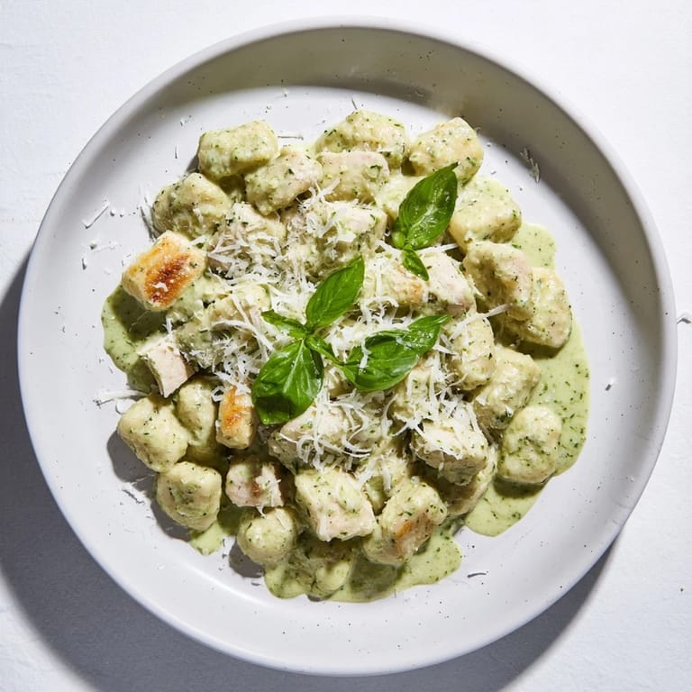 A skillet of homemade creamy pesto gnocchi with chicken, featuring melted Parmesan and aromatic garlic for an easy weeknight dinner.