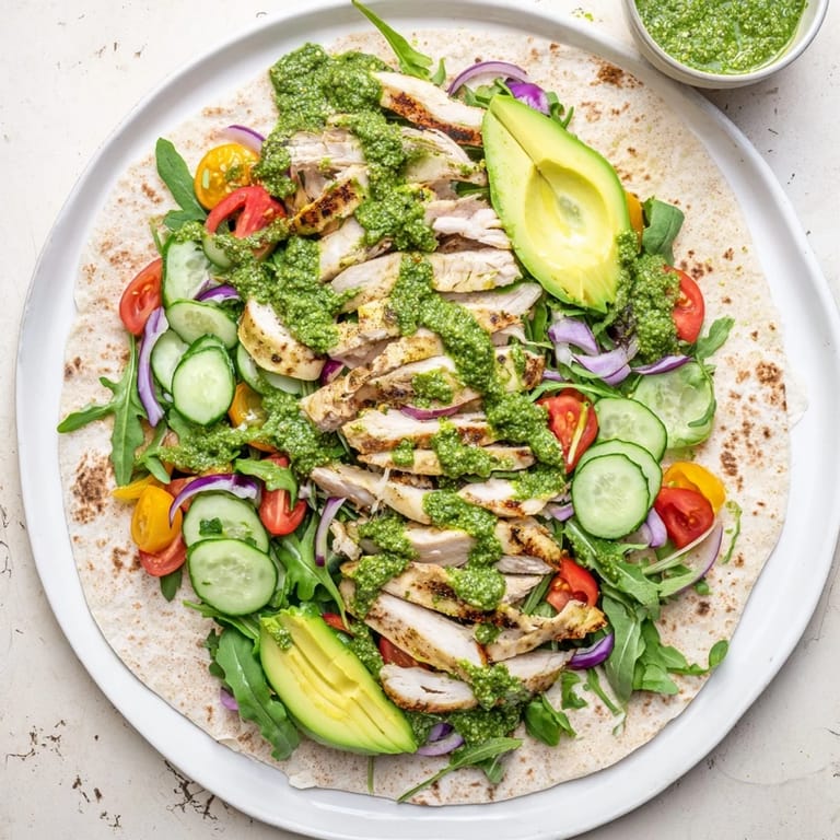Sliced Chimichurri Chicken Salad Wrap shows herb-packed greens, red onion, and avocado tucked into a soft flour tortilla.