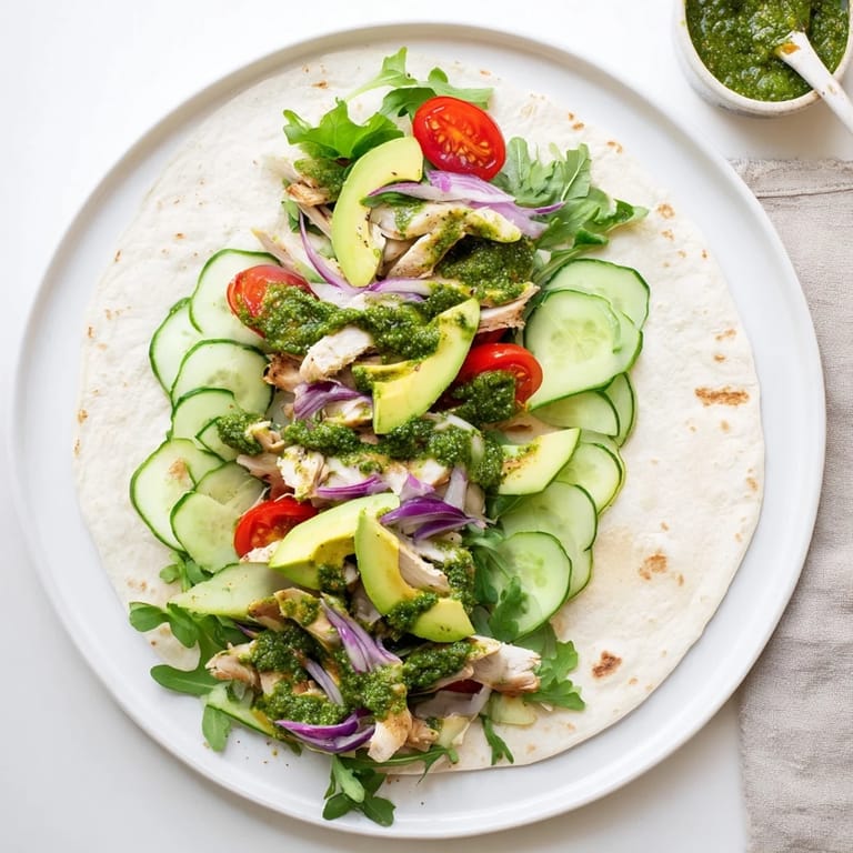 Close-up of Chimichurri Chicken Salad Wrap drizzled with vibrant green sauce, served beside cherry tomatoes and extra herbs.
